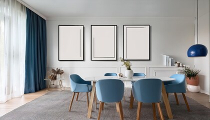 Modern Minimalist Interior Poster Frames Mockup in Monochrome Space with White Table and Blue Chair A Calm Haven Amidst Urban Chaos
