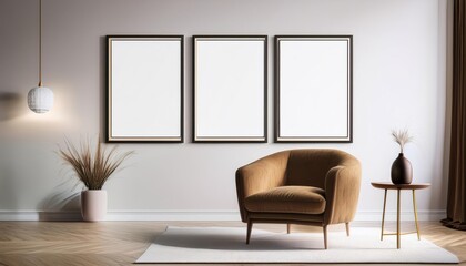 Elegant Vertical Frames on Empty White Wall in a Cozy Living Room Interior with Velvet Armchair and Artistic Ambiance, Perfect for Digital Art, Home Decor, or Design Inspiration.