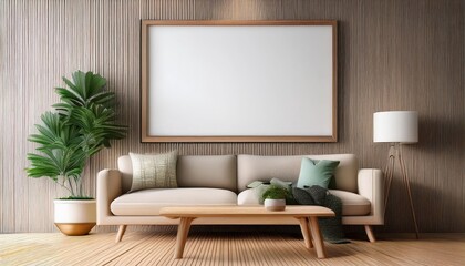 Rustic Living Space Wooden Frame Poster Mockup with Cozy Sofa, Vibrant Green Plants, and Soft Table Lamp in a Warm Ambience Perfect for Digital Art, Home Decor, or Design Inspiration