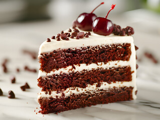 Exquisite Black Forest Cake with Cherry Topping on a Dark Plate