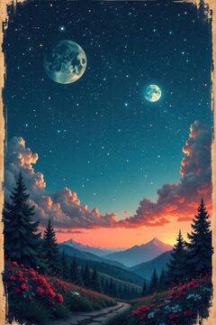 Vynyl vinyl retro sky with old paper texture, colorful stars and moon, beautiful night atmosphere, vintage, retro, moon