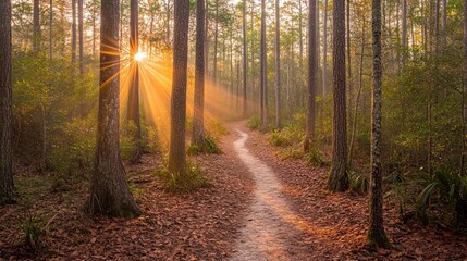 Obraz premium Sunlit Forest Trail at Dawn
