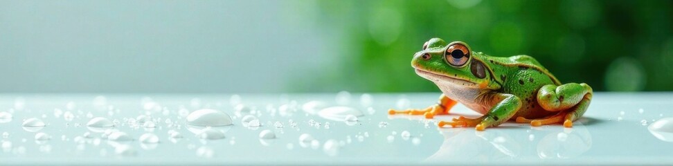 Naklejka premium Water droplets on a white panel with a frog's head, white panel, gills, water