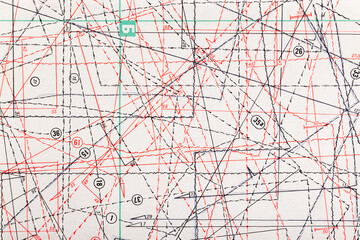 Sheet of vintage clothing patterns abstract background with red and black lines