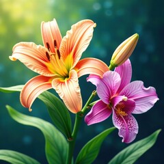 Fototapeta premium Watercolor lily and orchid in a natural setting, orchid, lily, watercolor