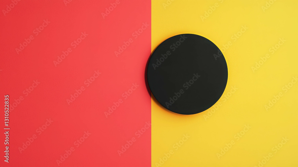 Poster dynamic minimalist background with bold black circle on yellow and red split canvas design