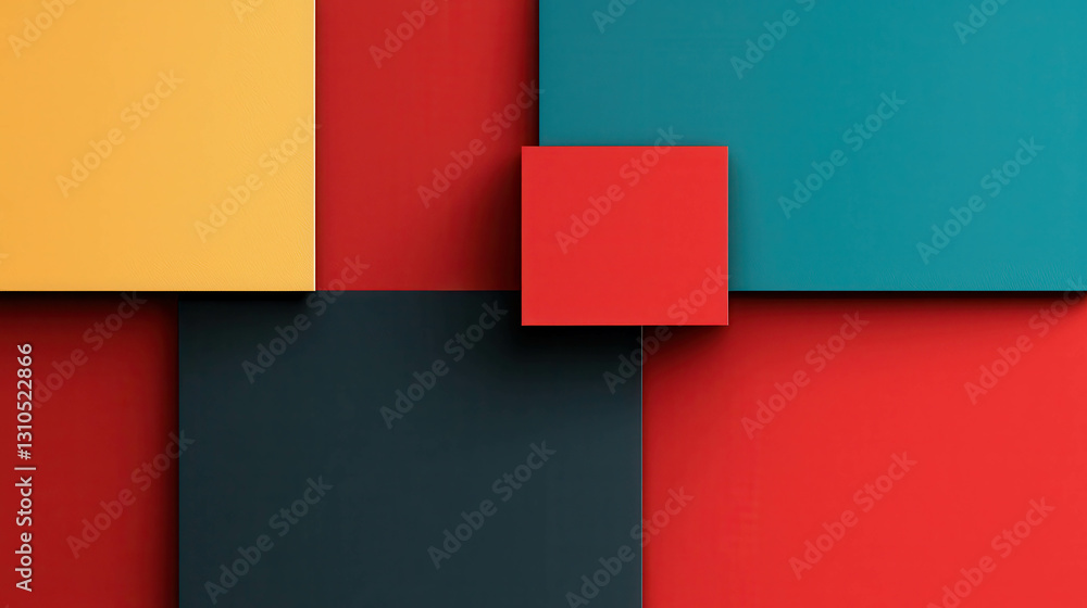 Poster dynamic minimalist background with bold rectangular shapes in red, yellow, and teal colors