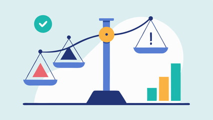 Risk and Reward A scale balancing risk depicted as caution signs on one side and potential rewards depicted as growth graphs on the other emphasizing the evaluation involved in