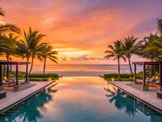 Fototapeta premium tropical resort at sunset. beach, sunset, palm, tree, tropical, sea, sky, ocean, sunrise, sun, water, travel, summer, island, nature, pool, paradise, resort, landscape, palms, silhouette, vacation, ho