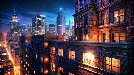 Fototapeta premium Glowing Brick Facade at Night - Urban Cityscape Architecture Stock Photo