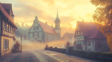 Fototapeta premium Sunrise over misty medieval town, cobblestone street