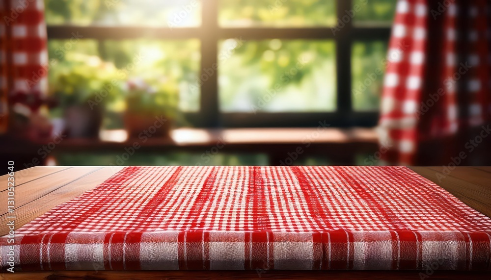 Poster red and white checkered tablecloth on a rustic wooden table with a blurred window background a timel