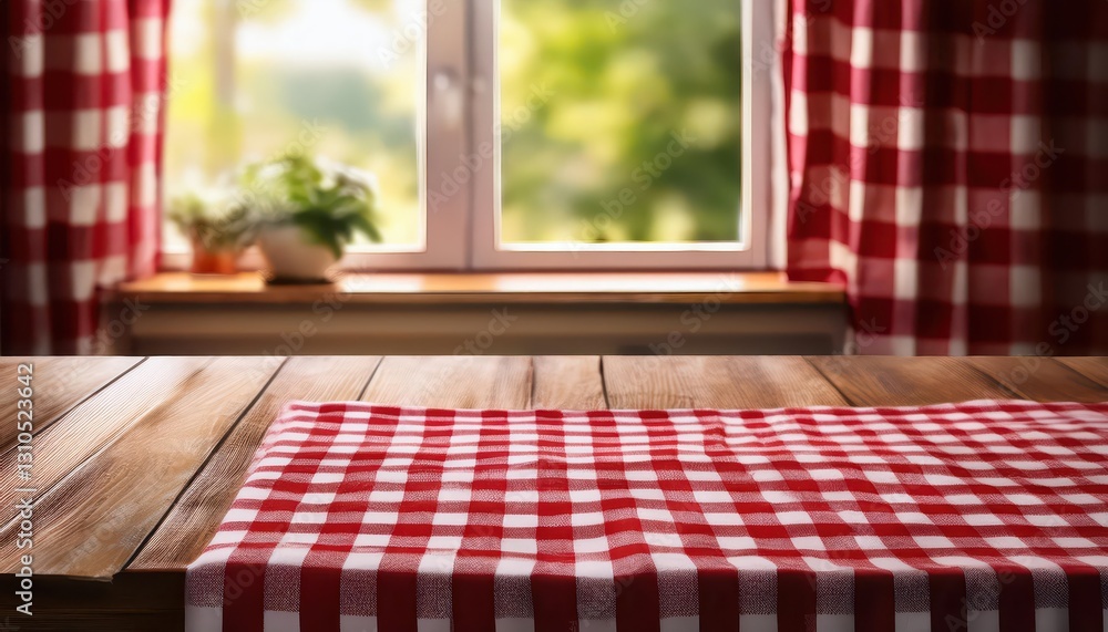 Poster red and white checkered tablecloth on a rustic wooden table against a blurred window background at d