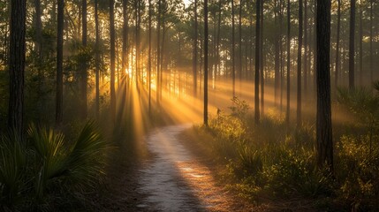 Fototapeta premium Sunrise path through misty pine forest
