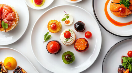 Dynamic Showcase of Gourmet Food Arranged in Vibrant Colors on Elegant Plates