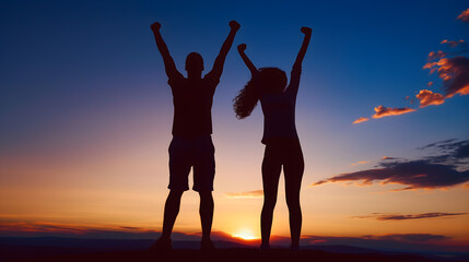 Fototapeta premium Triumphant Woman Celebrates Success Under Bright Blue Sky