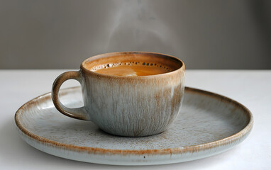 A Steaming Cup of Coffee on a Textured Ceramic Plate