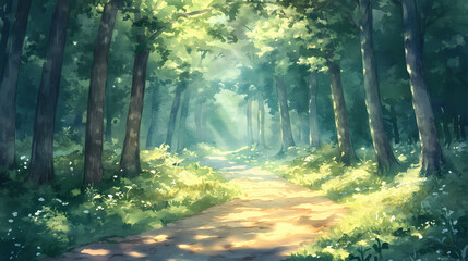 Fototapeta premium Sunlit forest path: watercolor painting of serene woodland scene. Shadowed - Corridor. Illustration
