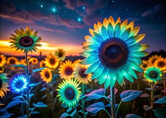 Glowing Pastel Sunflowers Silhouette - Bioluminescent Night Bloom
