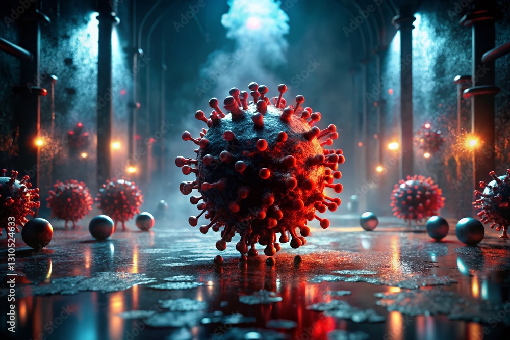 Poster glowing red virus model in dark high-tech lab with mist and reflections - stock photo