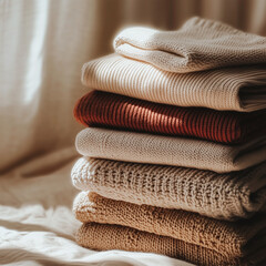 A stack of neatly folded thrifted clothes, warm aesthetic and soft shadows