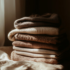 A stack of neatly folded thrifted clothes, warm aesthetic and soft shadows