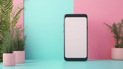 Modern Smartphone on Display Against Pastel Color Backdrop With Potted Plants Highlighting Minimalistic Design Aesthetic