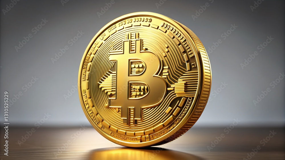Poster golden bitcoin cryptocurrency coin 3d render on neutral background - blockchain technology concept