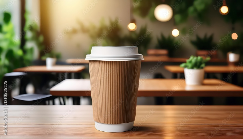 Poster reusable paper cup on a simple wooden table in a corner of a cozy cafe, illuminating simplicity and 