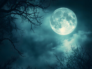 Naklejka premium Mystical Full Moon Illuminates the Night Sky Amongst Silhouetted Branches