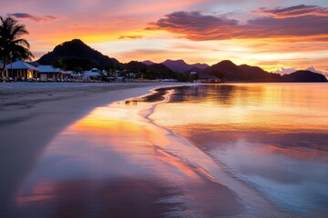 A serene beach scene with the sun dipping below the horizon, casting vibrant shades of orange, pink, and purple across the water