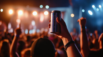 A person is holding up an energy drink can at a concert, with a crowd in the background cheering and jumping