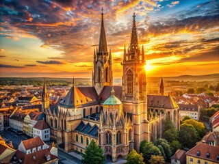 Majestic Cathedral Cityscape: Architectural Photography, Gothic Cathedral, Urban Architecture, City Views, Religious Building, Stone Cathedral, European City, High-Resolution Image