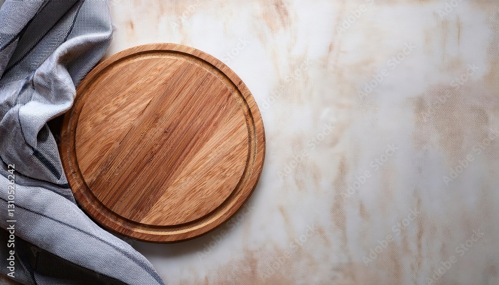Poster rustic round wooden cutting board displayed on table with soft towel in scene, showcasing the warmth