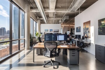 Modern open plan office space with city views.