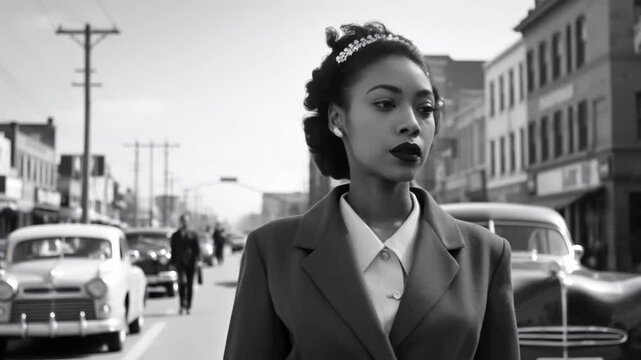 Young black woman walking in a US city suburb in 1950. monochromatic vintage