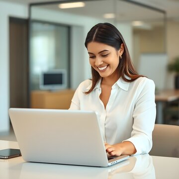Una ejecutiva hispana est&aacute; trabajando en una computadora port&aacute;til en la oficina. Ella est&aacute; sonriendo y mirando su computadora port&aacute;til. Lleva una blusa blanca.