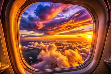 Fototapeta premium Golden Hour Sunset Cloudscape Viewed Through Airplane Window: Vibrant Travel Photography