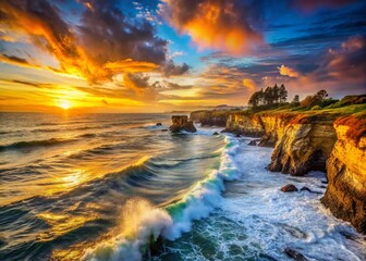 Golden Hour Sunset Panorama: Santa Cruz Bay Ocean Waves Crashing on California Coastline