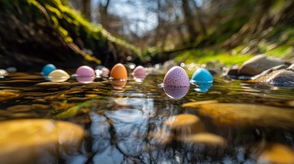 Colorful Easter Eggs Float in a Clear Spring Stream