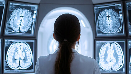 Female neurosurgeon analyzes the data on the monitor. A woman doctor in the hospital. Middle adult. The concept of medicine. Laboratory. Contrast. In a white cholate. Generated AI.