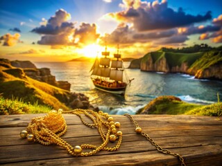 Fototapeta premium Golden Necklace & Miniature Ship: Treasure & Maritime Business Concept