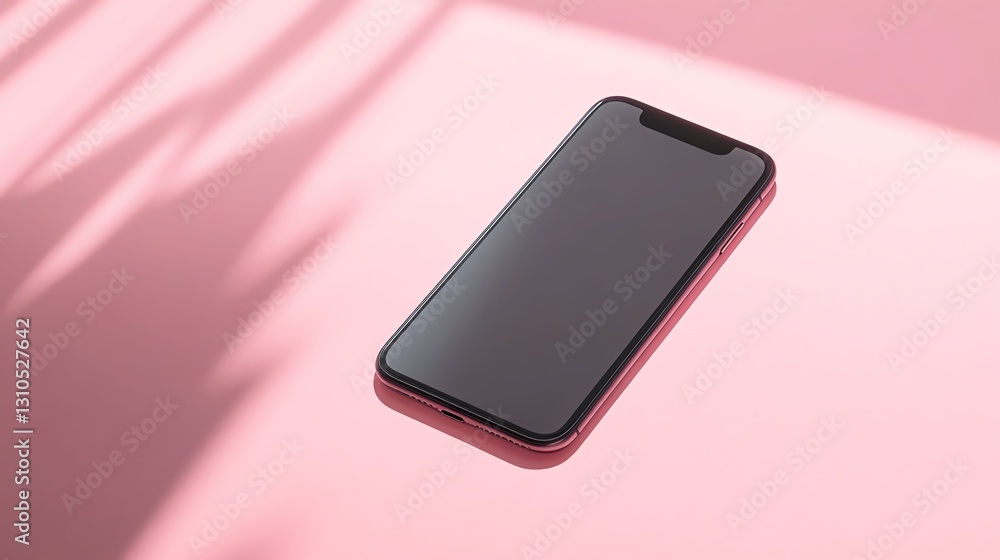Poster modern smartphone resting on a pink surface with soft shadows highlighting its sleek design and vibr