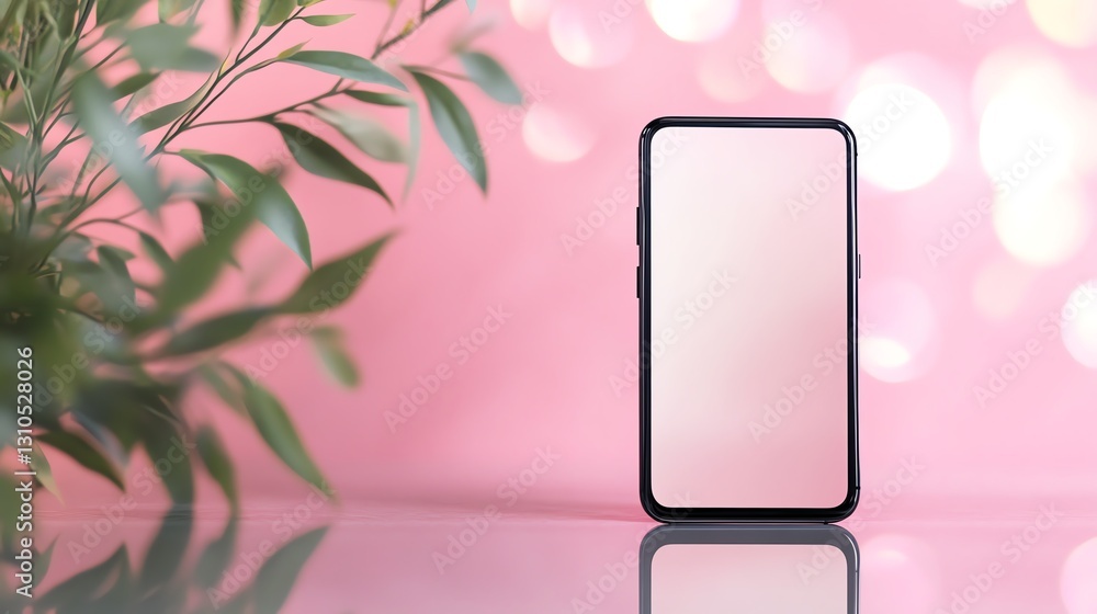 Poster modern smartphone standing on a reflective surface with soft pink background and greenery