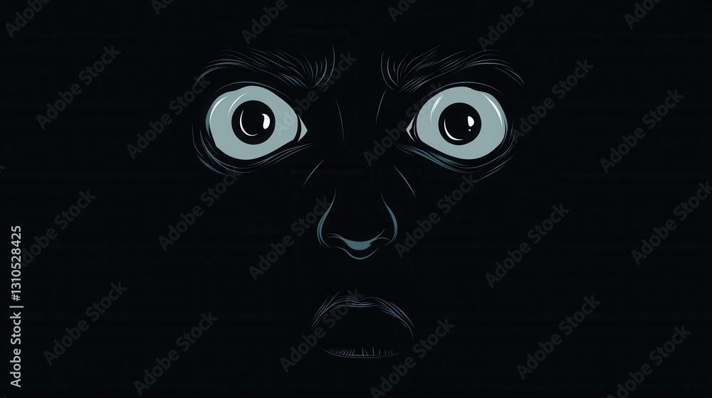 Aufkleber Dark face with wide fearful eyes expressing fear in eerie monochrome contrast displaying minimalistic artistic style