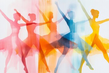 A soft watercolor painting of an 80s-inspired dance floor scene, with dancers in vibrant outfits blending into the glowing background