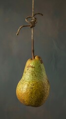 A pear dangles from a simple rope against a muted background, highlighting its natural texture and form in a rustic, minimal still-life setting.