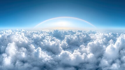 The vast and fluffy clouds beneath a beautiful colorful rainbow