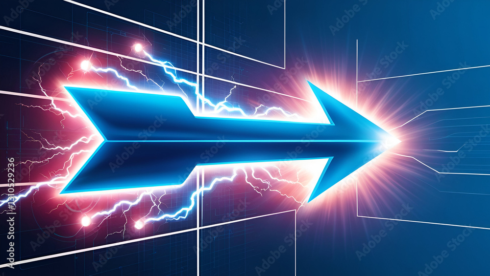 Poster high-tech blue arrows with a radiant glow, seamlessly blending into a digital interface with grid li