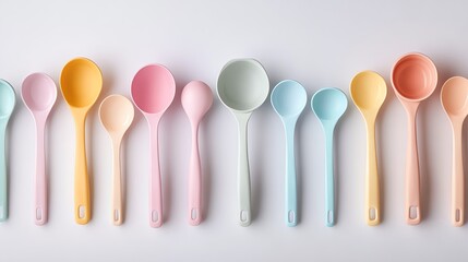Colorful Collection of Plastic Measuring Spoons Arranged Neatly for Cooking and Baking in a Bright Kitchen Setting